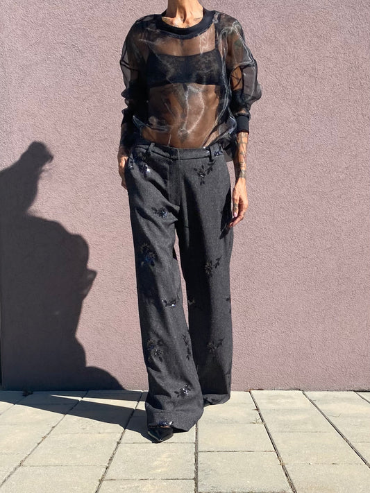 Pantalone largo in tweed con ricamo