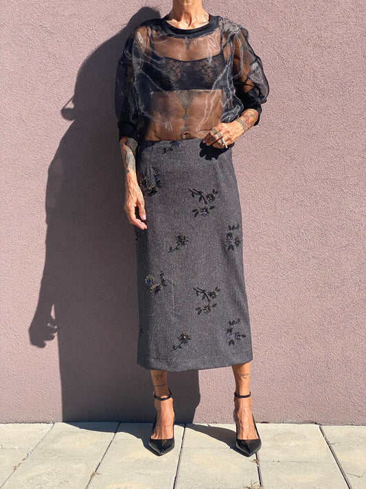 Gonna a matita in tweed con ricamo