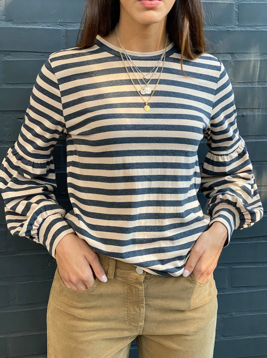 Striped T-shirt with ruched sleeve
