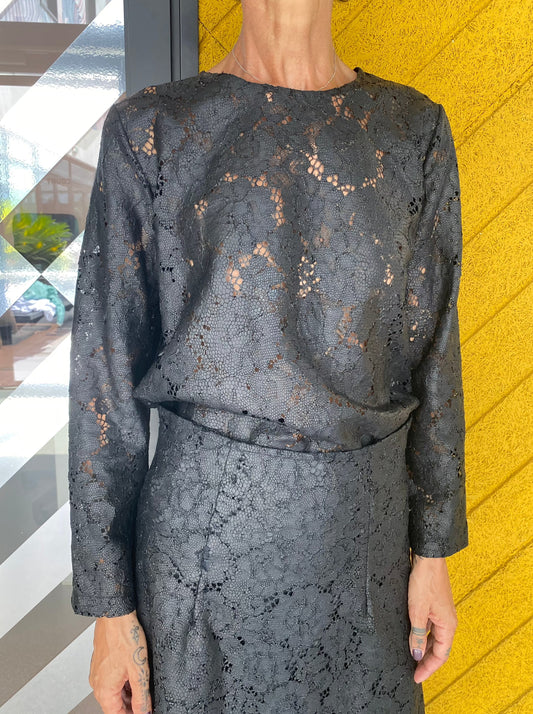 Leather effect lace blouse