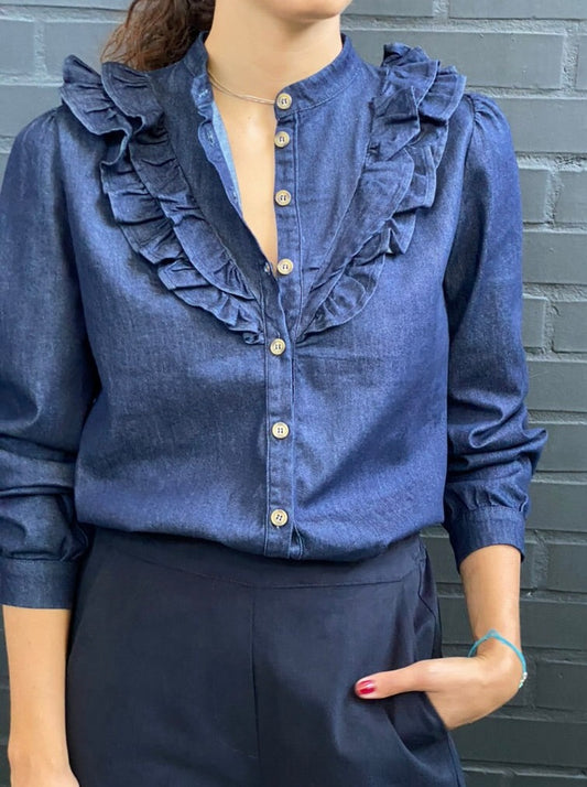 Camicia con rouches in denim