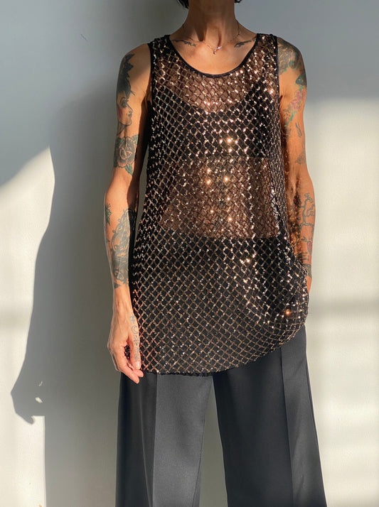 Long tank top in tulle and sequins