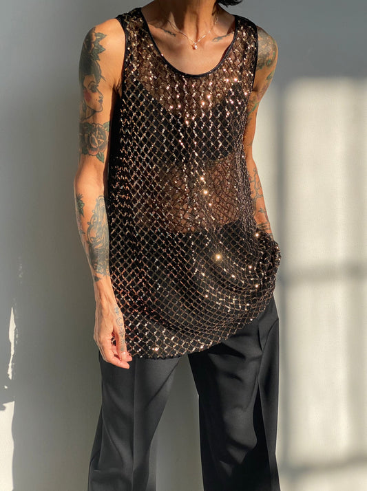 Long tank top in tulle and sequins