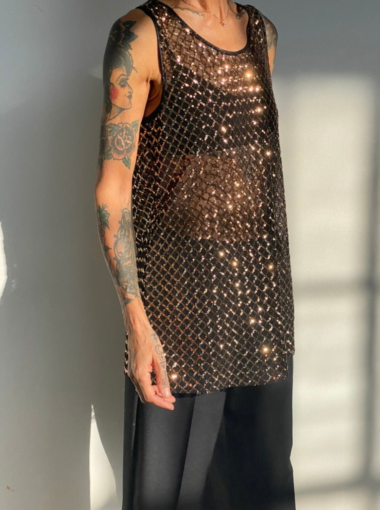 Long tank top in tulle and sequins